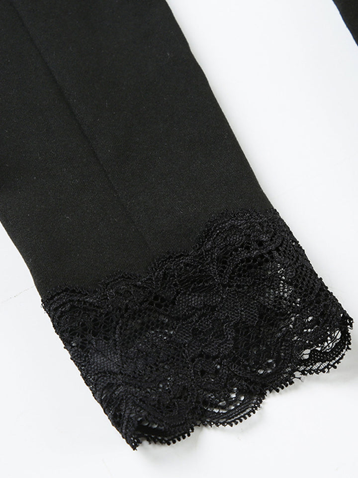 Black Lace Insert V Neck Full Sleeves Top