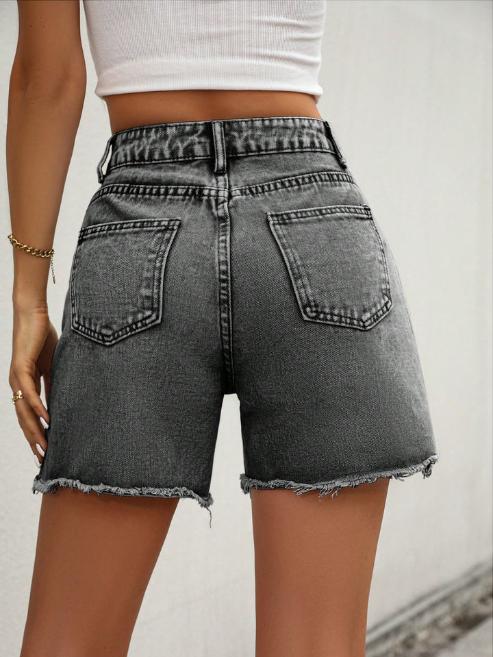 Grey High Waist Denim Shorts With Freyed Hem