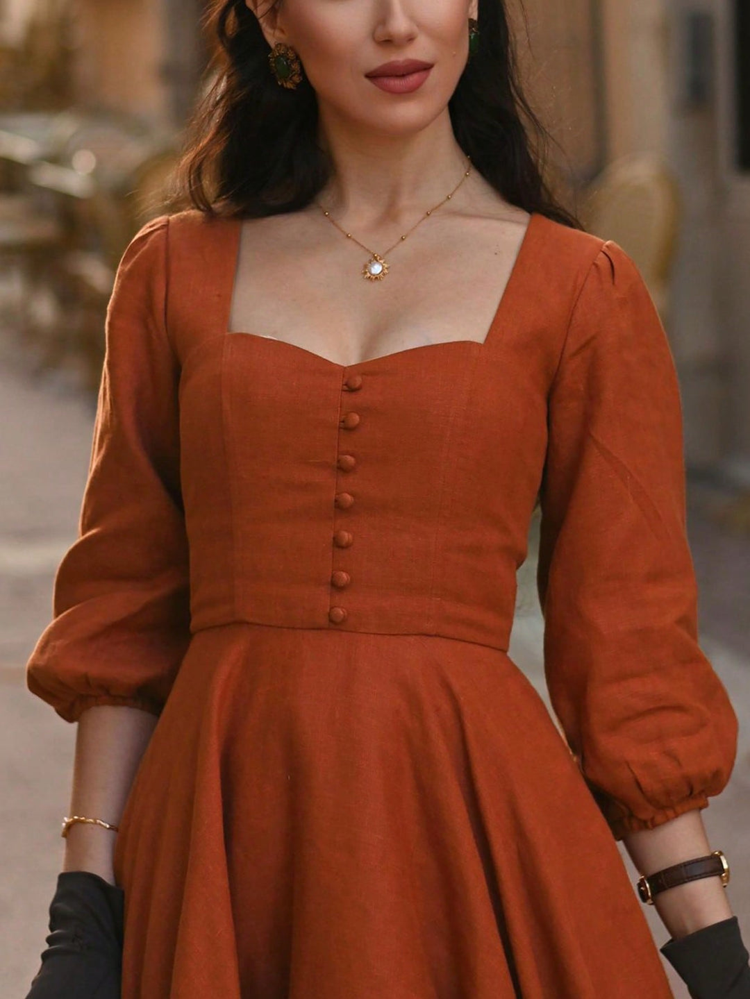 Brown Bishop Sleeve Sweetheart Neck Dress