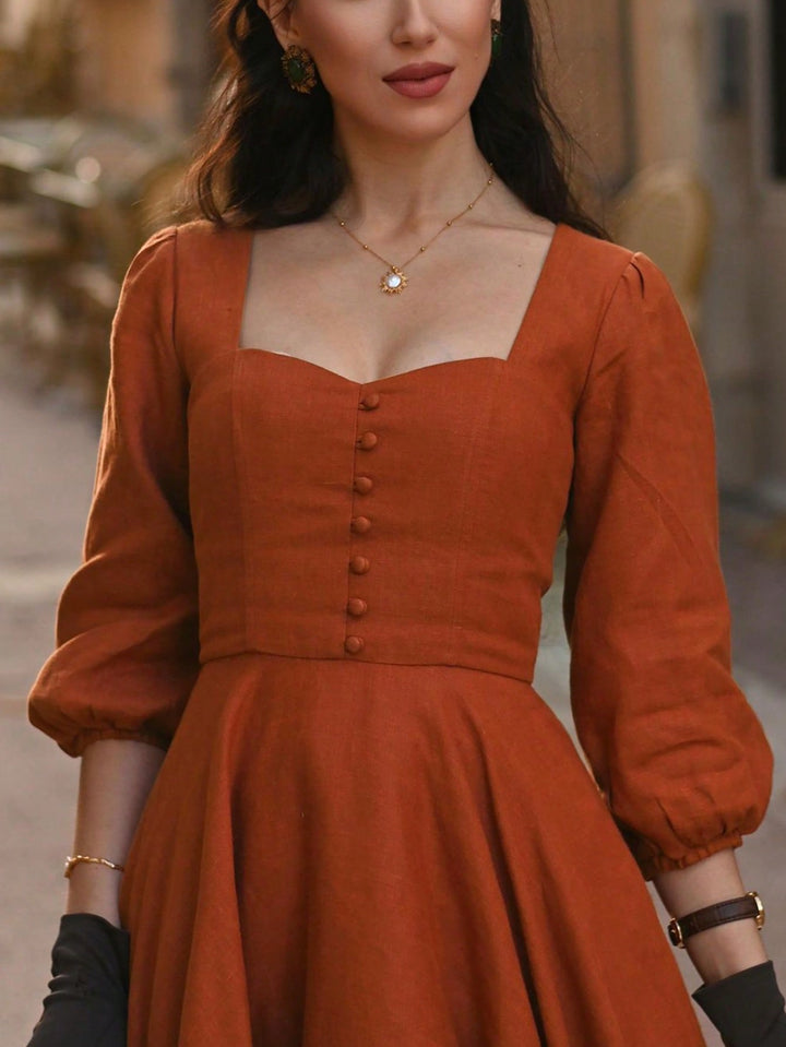 Brown Bishop Sleeve Sweetheart Neck Dress