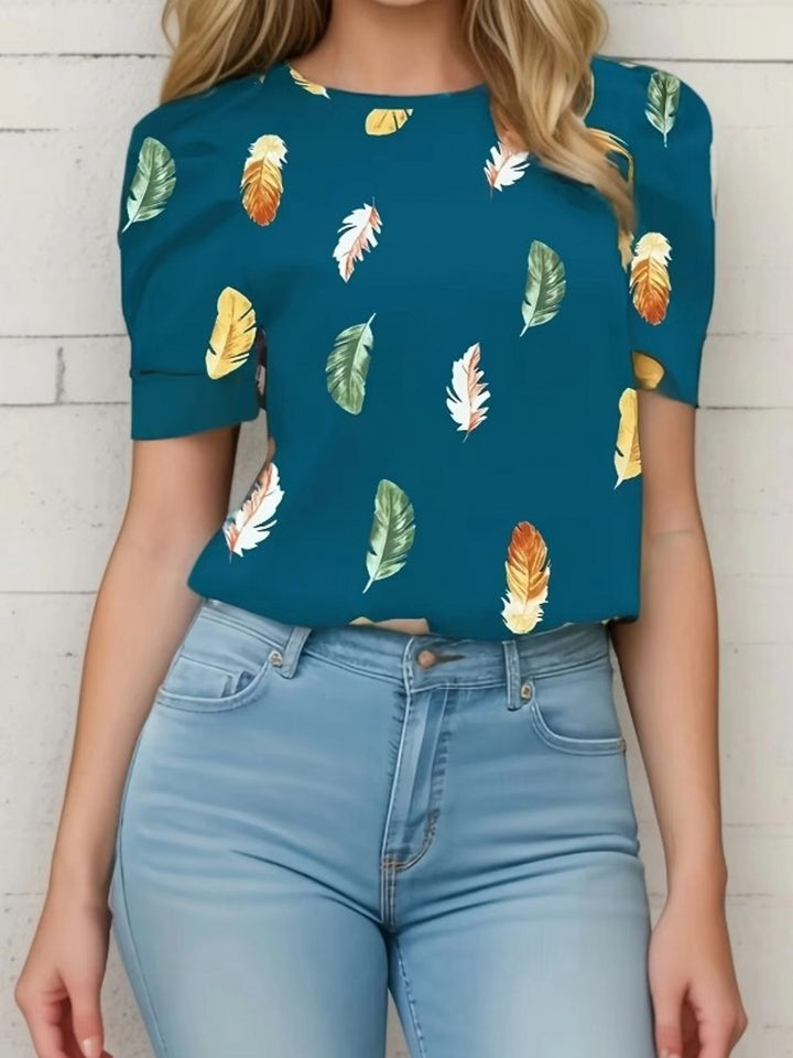 Dark Green Half Puff Sleeves Printed Top