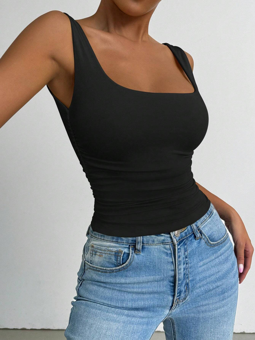 Black Wide Shoulder Strap Round Neck Top