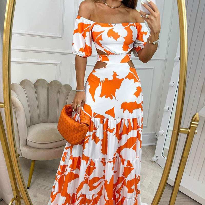 Orange Printed Off-Shoulder Cut Out Dress