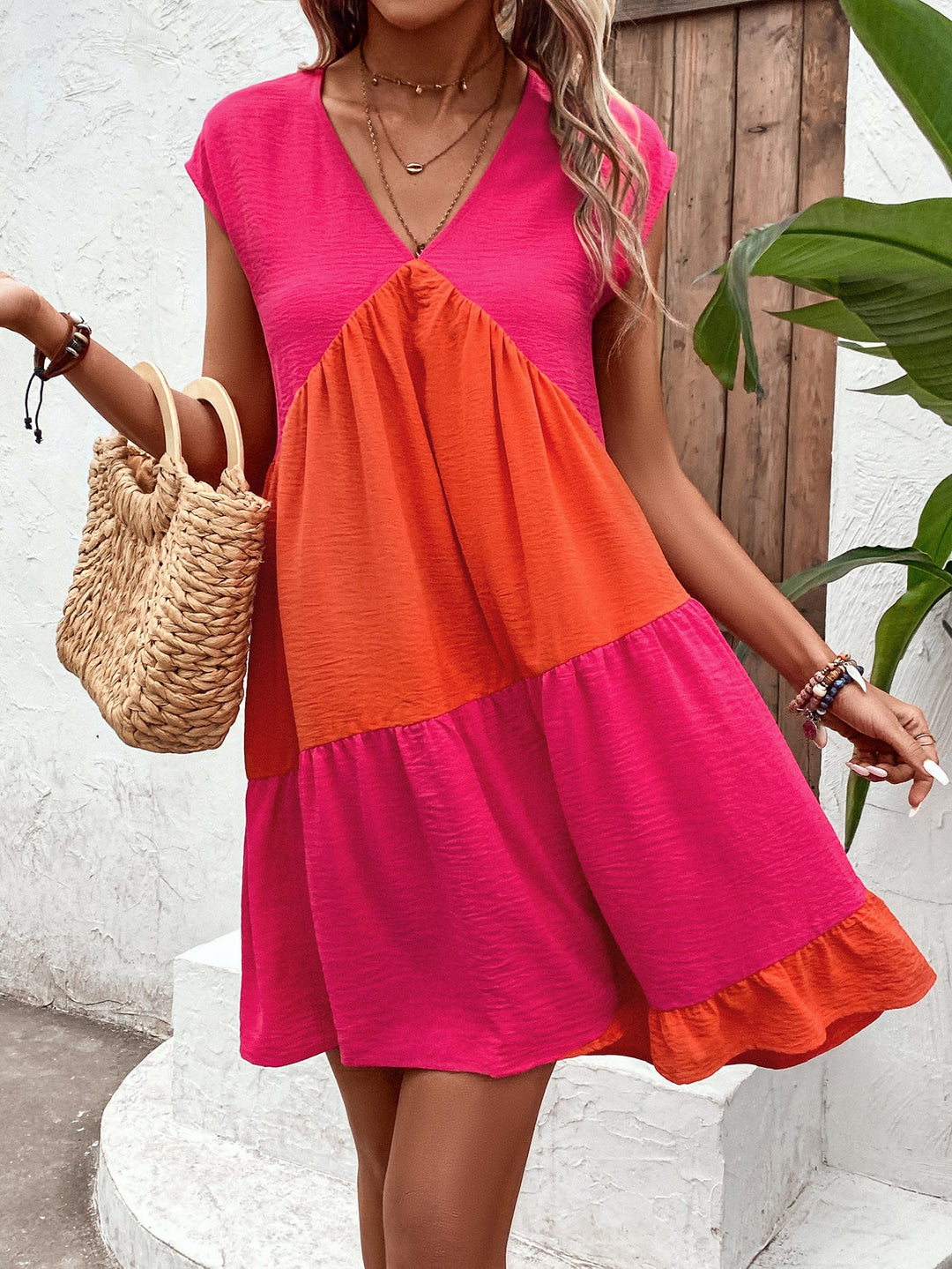 Pink V Neck Tiered Dress