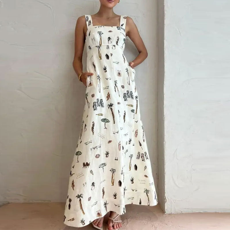 White Printed Square Neck Maxi