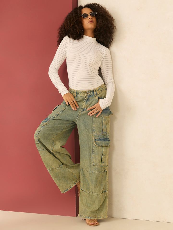 White Textured High Neck Top