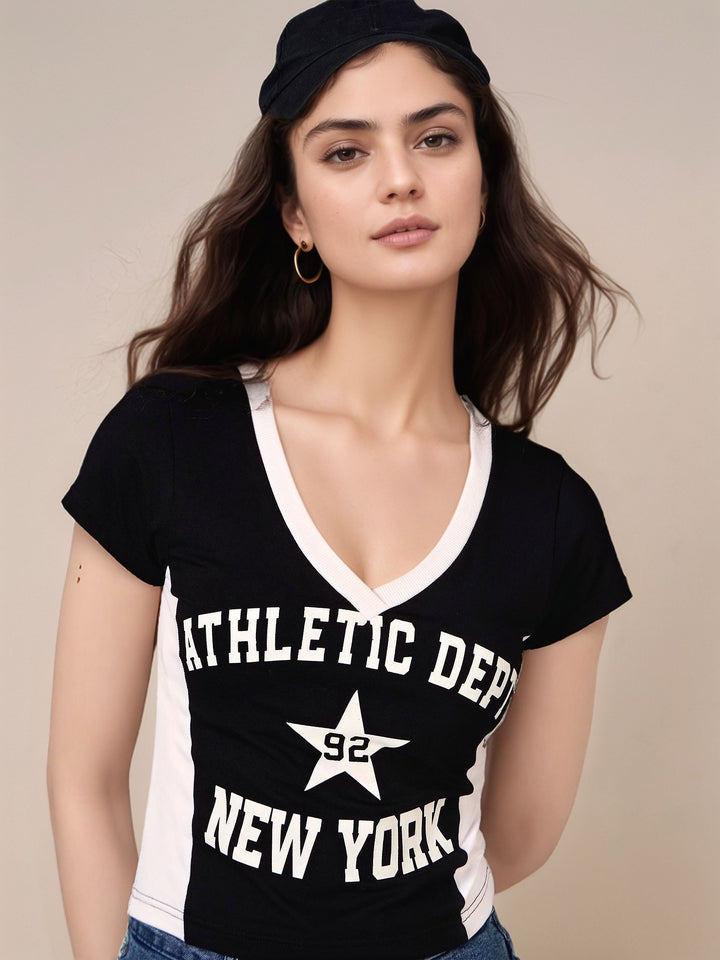Black Short Sleeve Graphic Print Top
