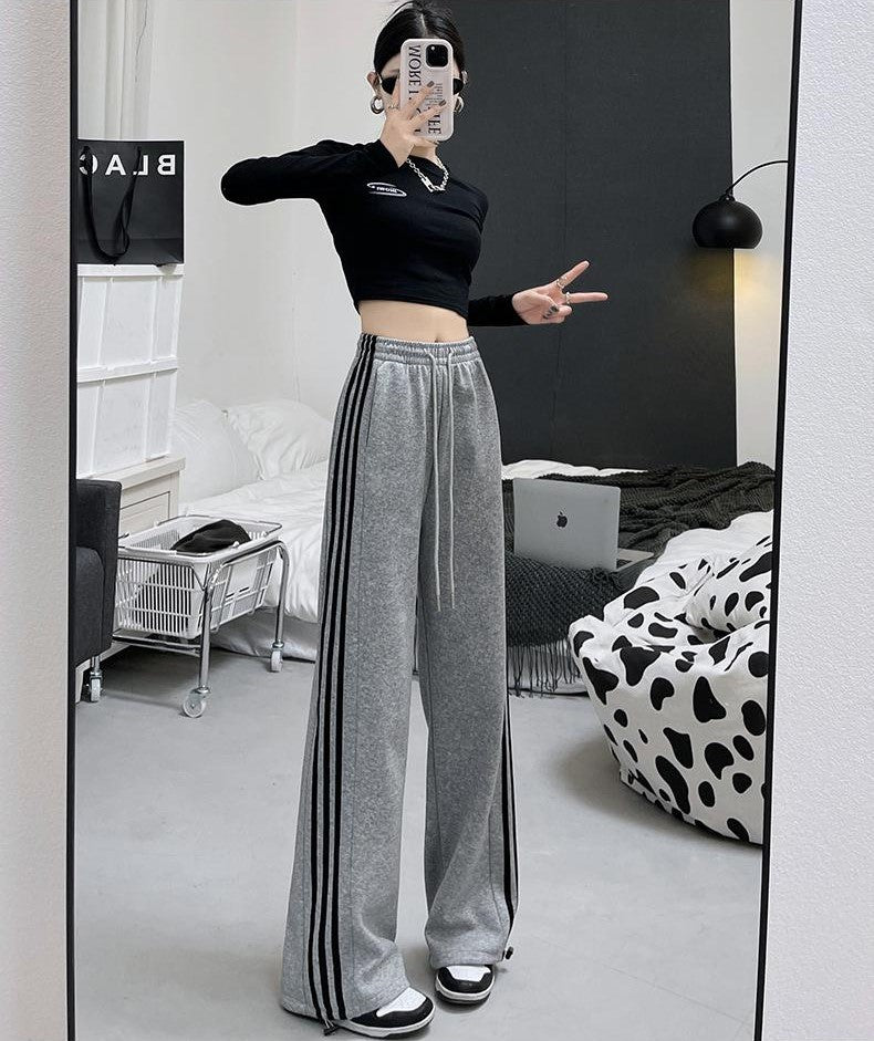 Charcoal Wide Leg Drawstring Stripe Jogger