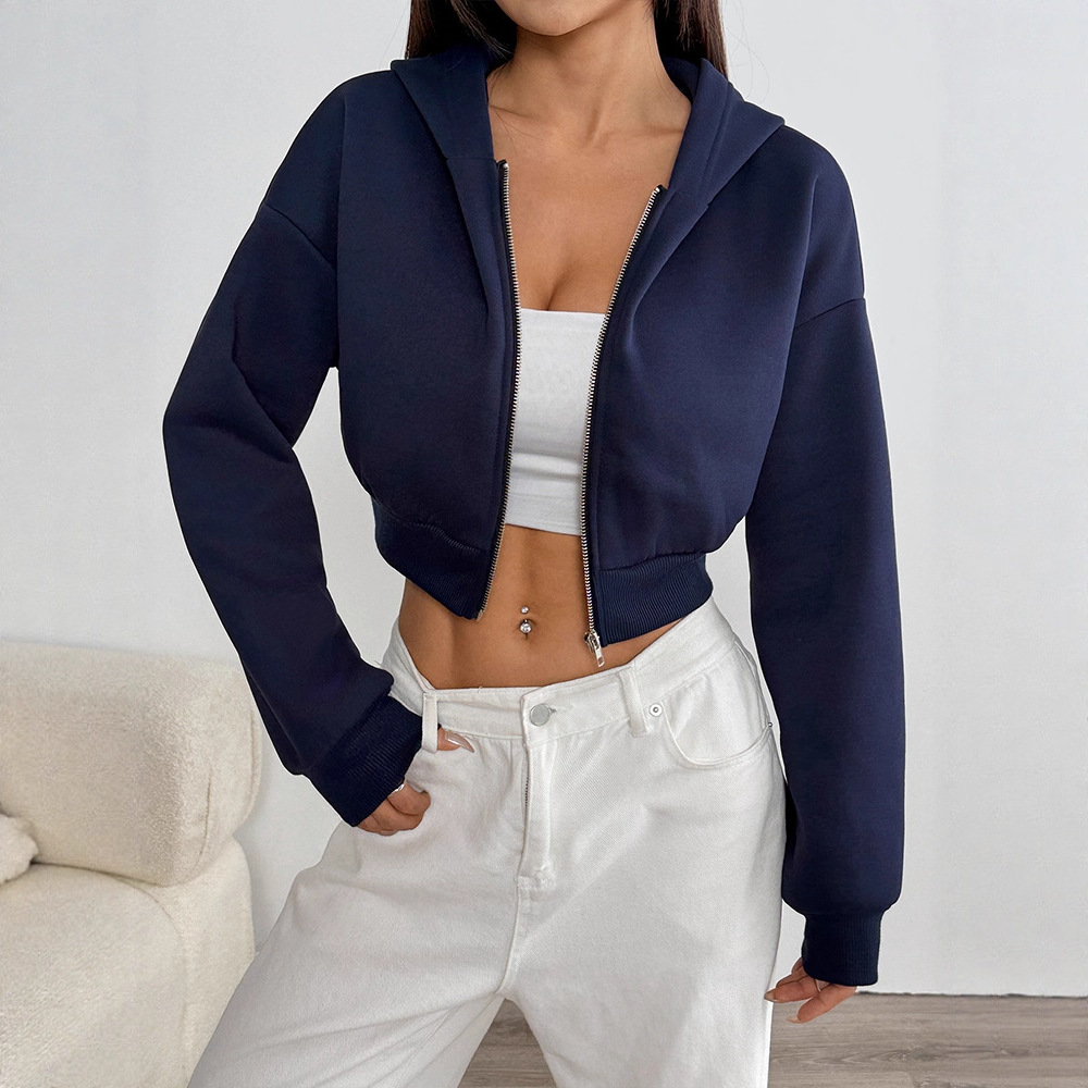 Navy Blue Full Sleeve Front Zip Crop Jacket