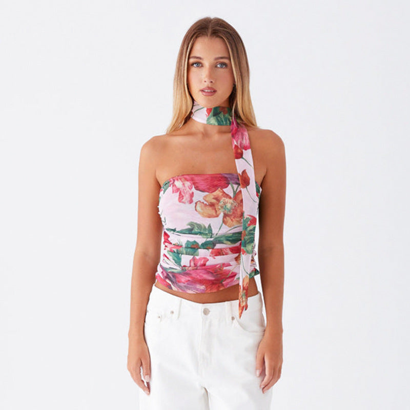 Multicolour Strapless Pleated Crop Top