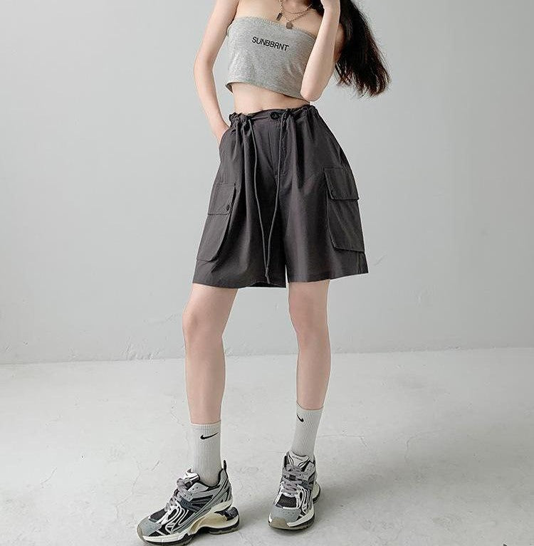 Charcoal Relaxed Fit Drawstring Cargo Shorts