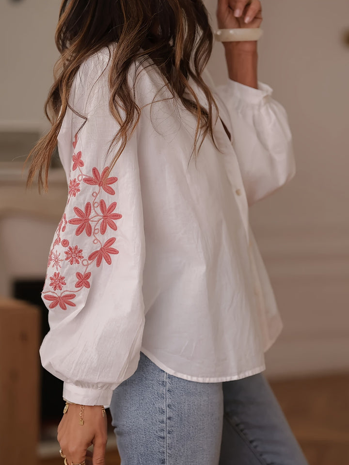 White Bishop Sleeve Front Buttoned Mandarin Collar Embroidered Top
