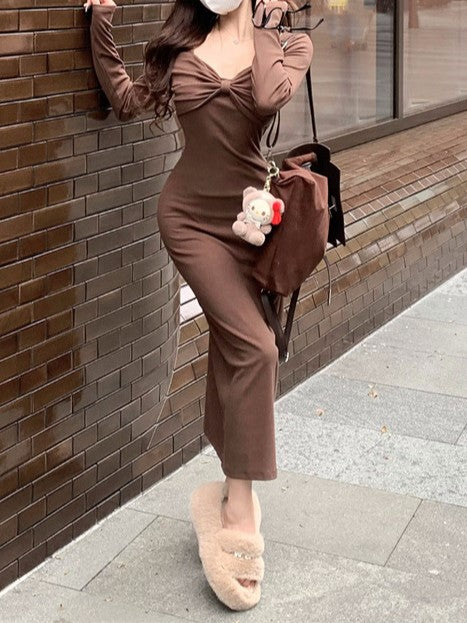 Brown Aline Midi Dress With Bow Detail