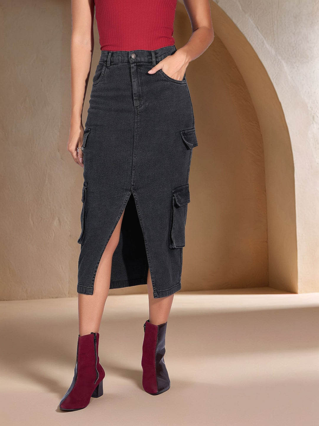 Black High Waist Front Slit Denim Skirt