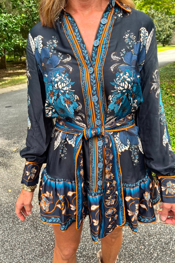 Navy Blue Placement Print Fit And Flare Shirt Dress