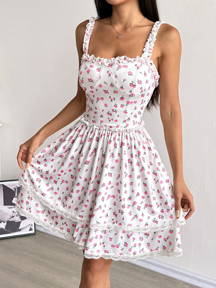 White Frilly Strapped Printed Mini Dress