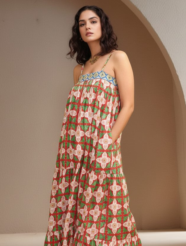 Green Spaghetti Strap Abstract Printed Dress