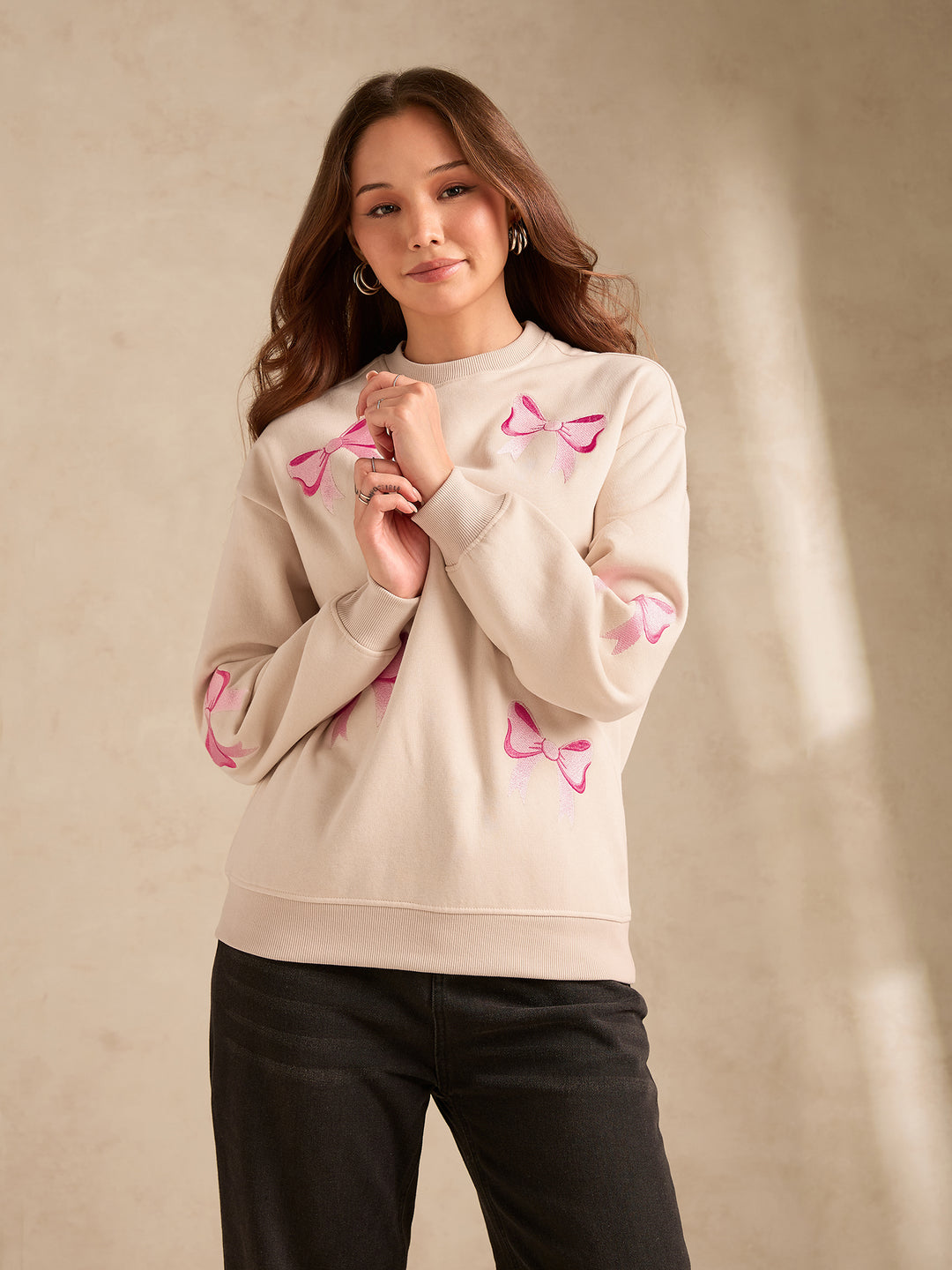 Cream Embroidered Bow Detail Russian Fleece Sweatshirt
