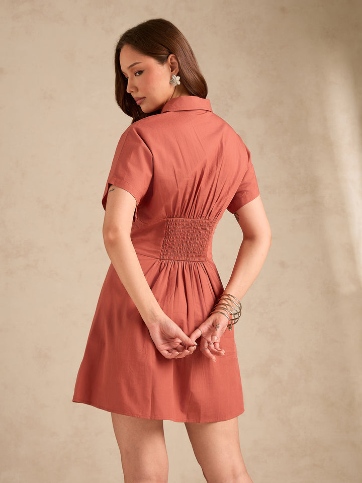 Rust Dolman Fit Printed Shirt Dress With Belt Detail