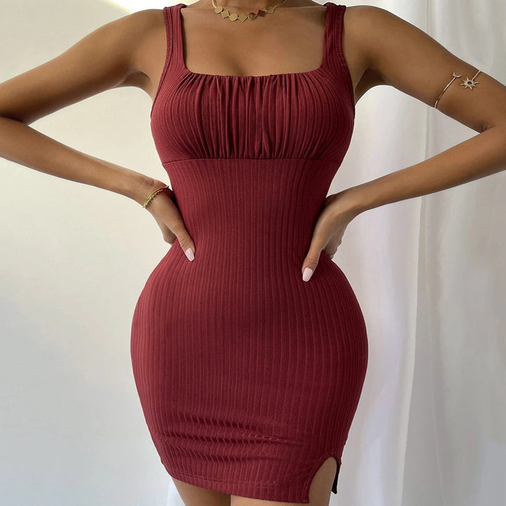 Rust Ribbed Bust Detailing Bodycon Dress
