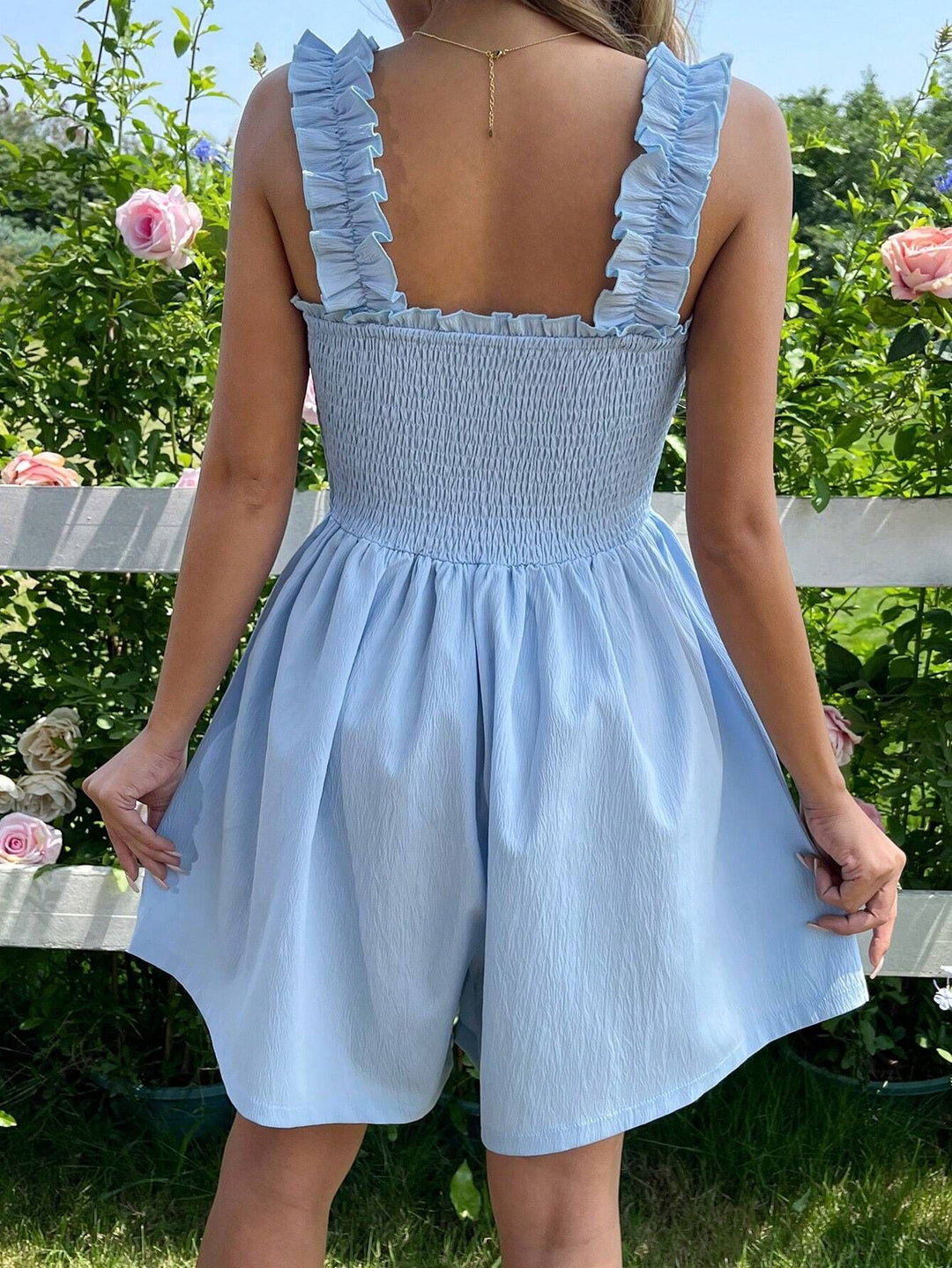 Blue Half Sleeved Smocking Detail Romper