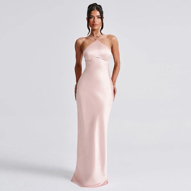 Pink Halter Neck Fit & Flare Evening Wear Dress