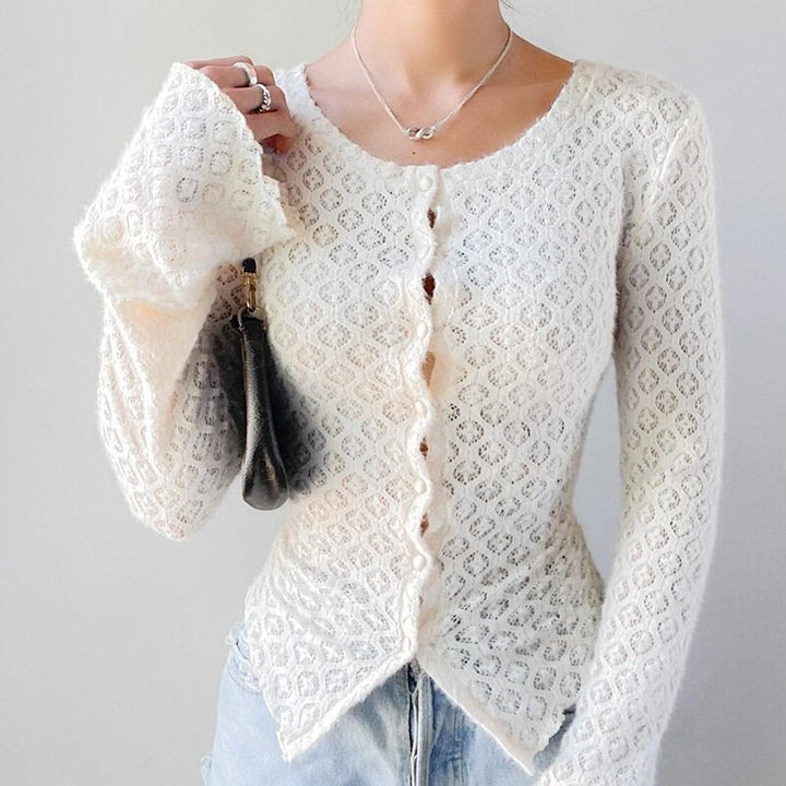 White Fitted Jacquard Long Sleeve Cardigan