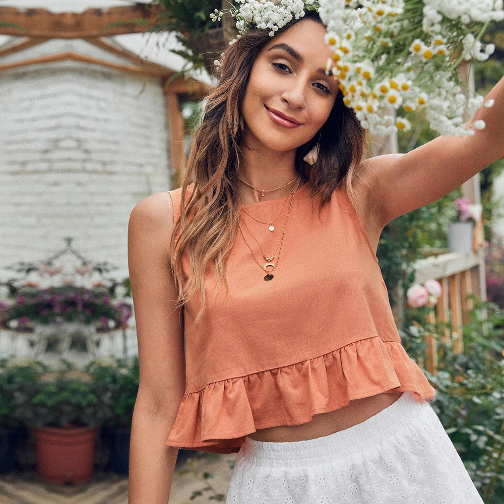 Orange Sleeveless Ruffle Hem Top