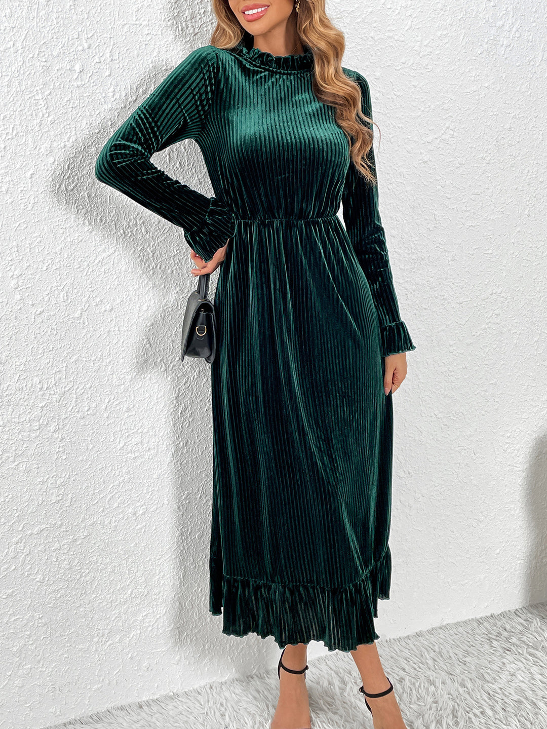 Green High Neck Velour Dress