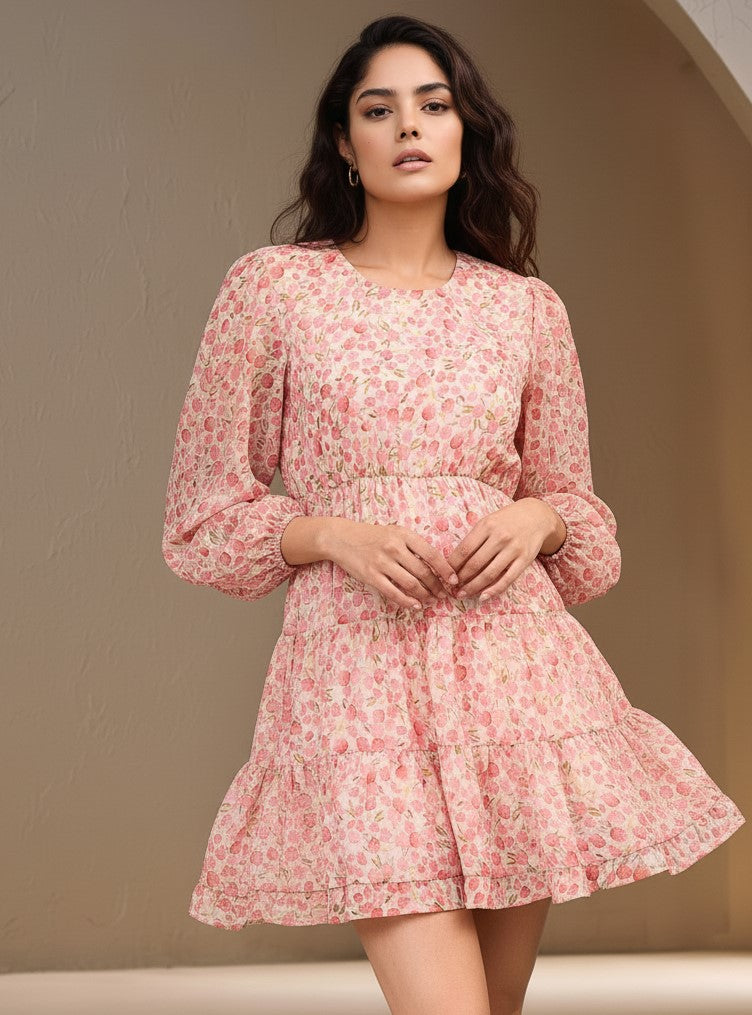 Peach Bishop Sleeve Round Neck Printed Dress