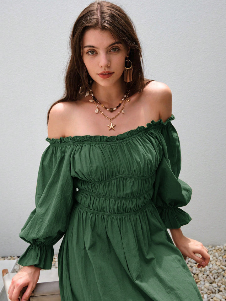 Green Off-Shoulder Flowy Dress