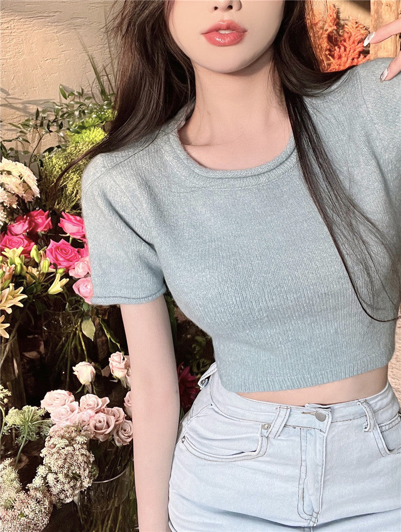 Light Blue Short Sleeve Back Cut-Out Top