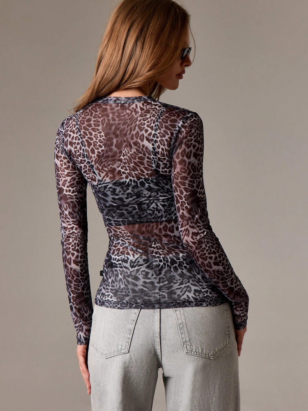 Grey Full Sleeve Round Neck Printed Mesh Top