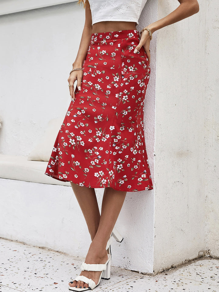 Red Ruffle Bottom Knee Length Skirt