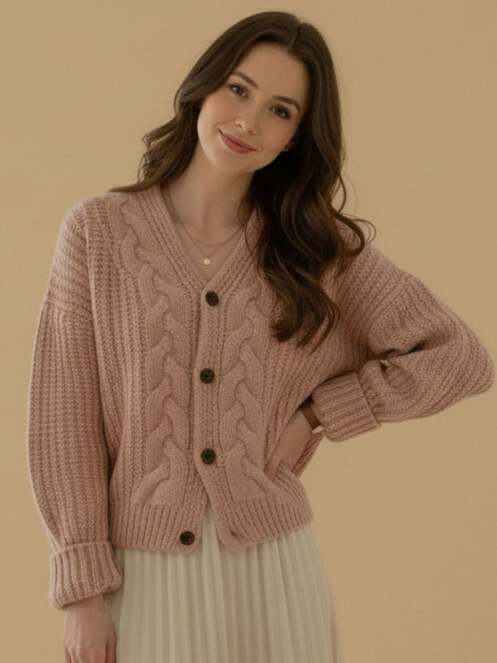 Pink Full Sleeve Front Buttoned Slouchy Cardigan