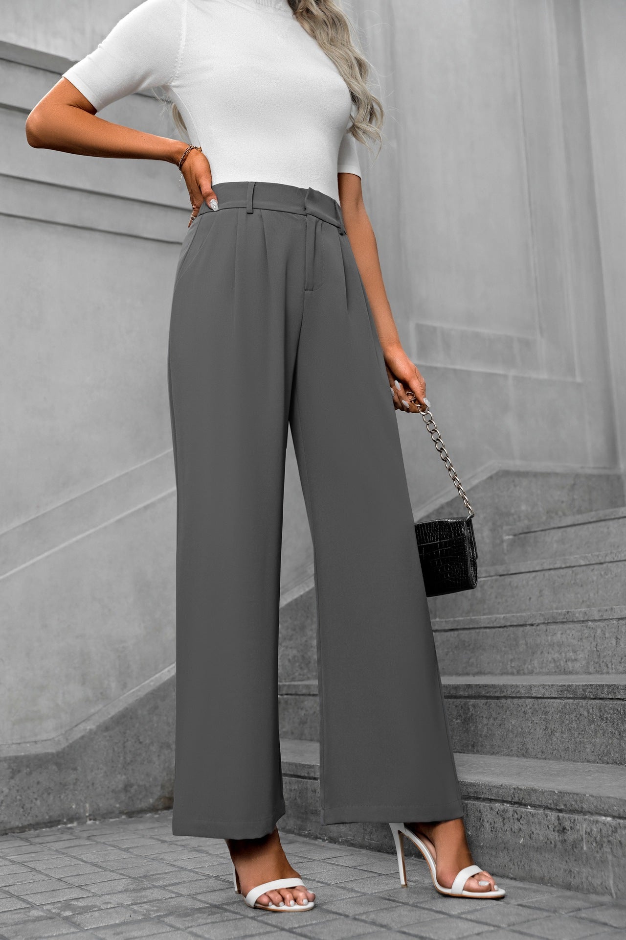 Grey Waist Band Pleated Straight Fit Pants