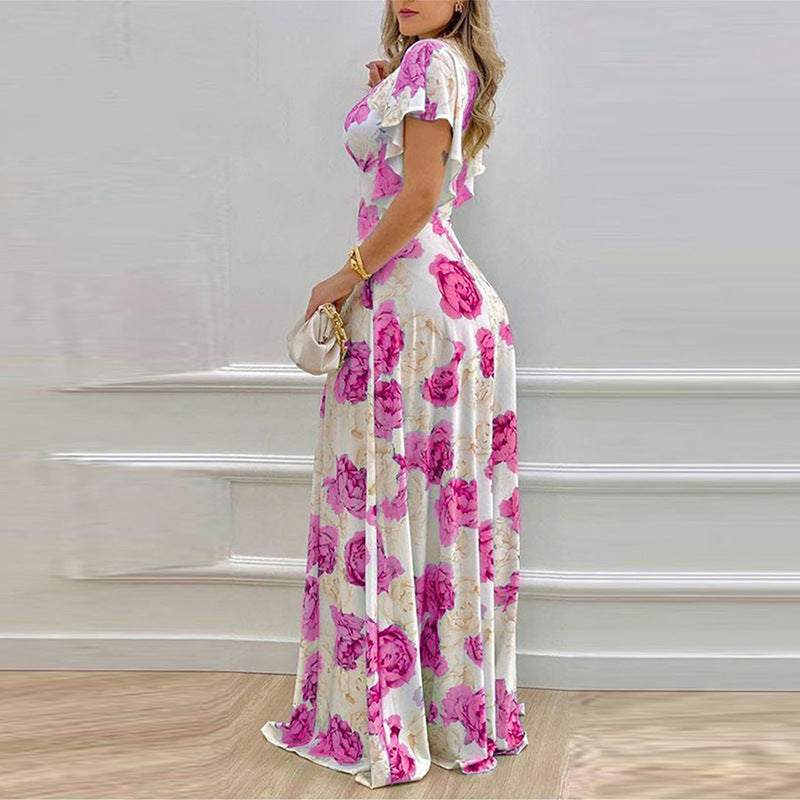 Pink Printed Plunge Neck Flutter Sleeve Dress