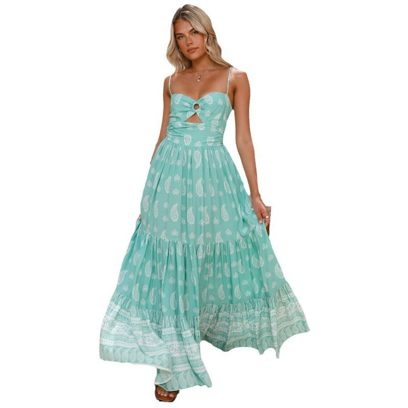 Blue Printed Maxi Strappy Dress