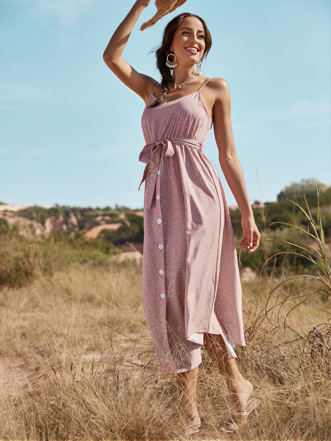Pink Ditsy Floral Print Off Shoulder Dress
