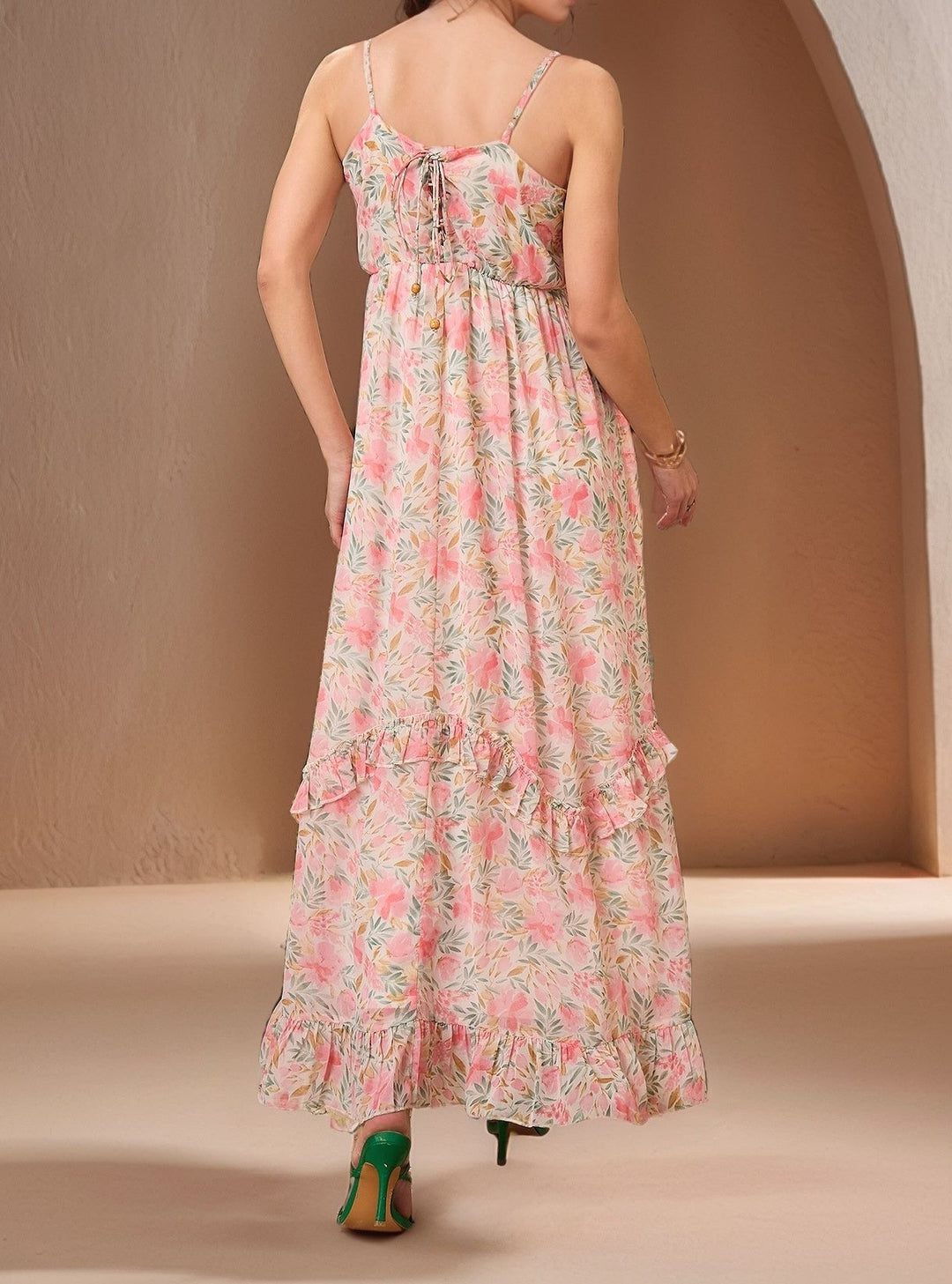 Pink Sleeveless Printed Flowy Dress