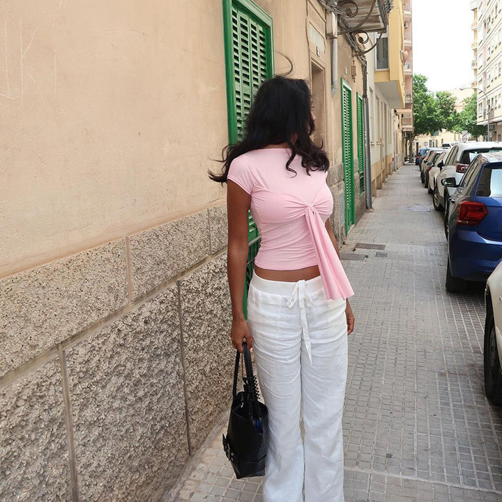 Pink Solid Top With Bow Detail