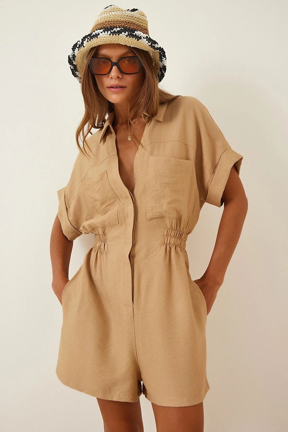 Brown Plunge Neck Sinched Waist Ropmer