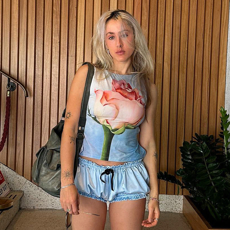 Blue Sleeveless Floral Print Tank Top
