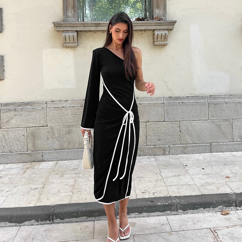 Black One Shoulder With One Full Sleeves Midi Dress