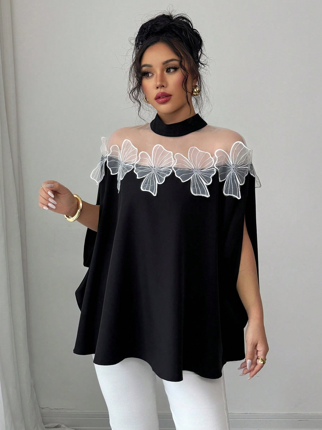 Black High Neck Embroidery Patch Top