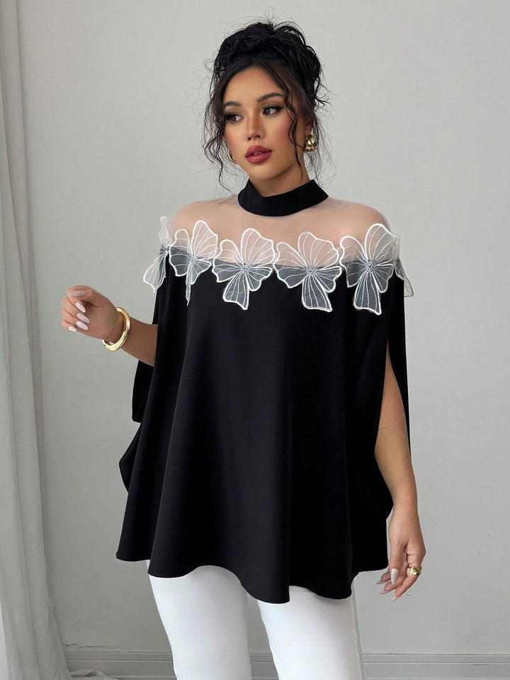 Black High Neck Embroidery Patch Top