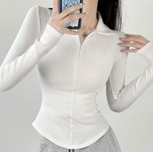 White Front Zip Full Sleeved T-Shirt