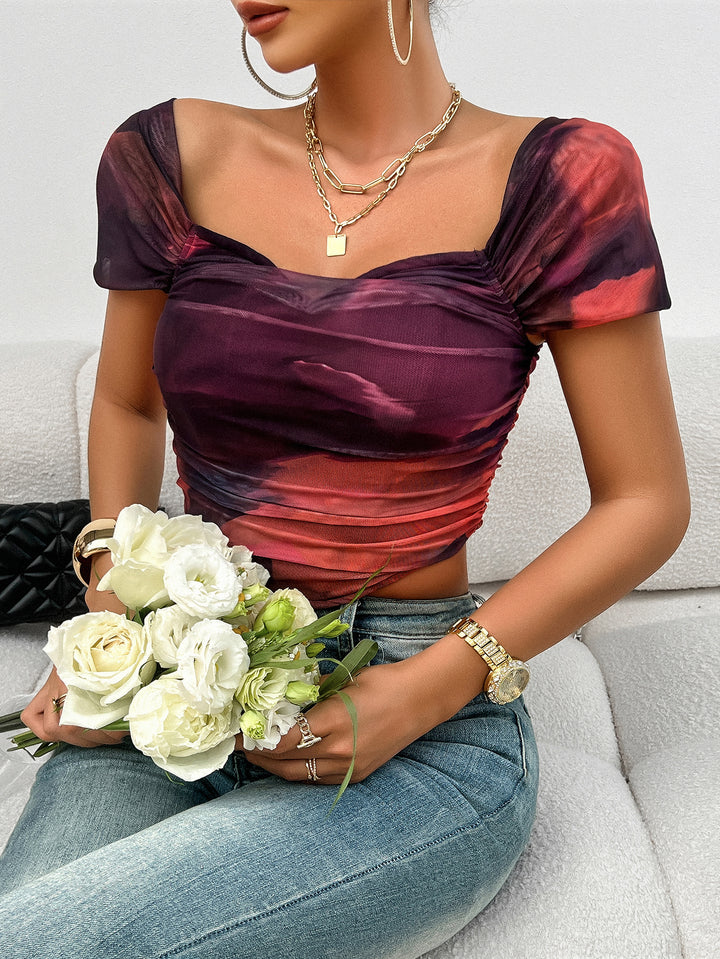 Purple Sweetheart Nechline Marble Printed Mesh Top