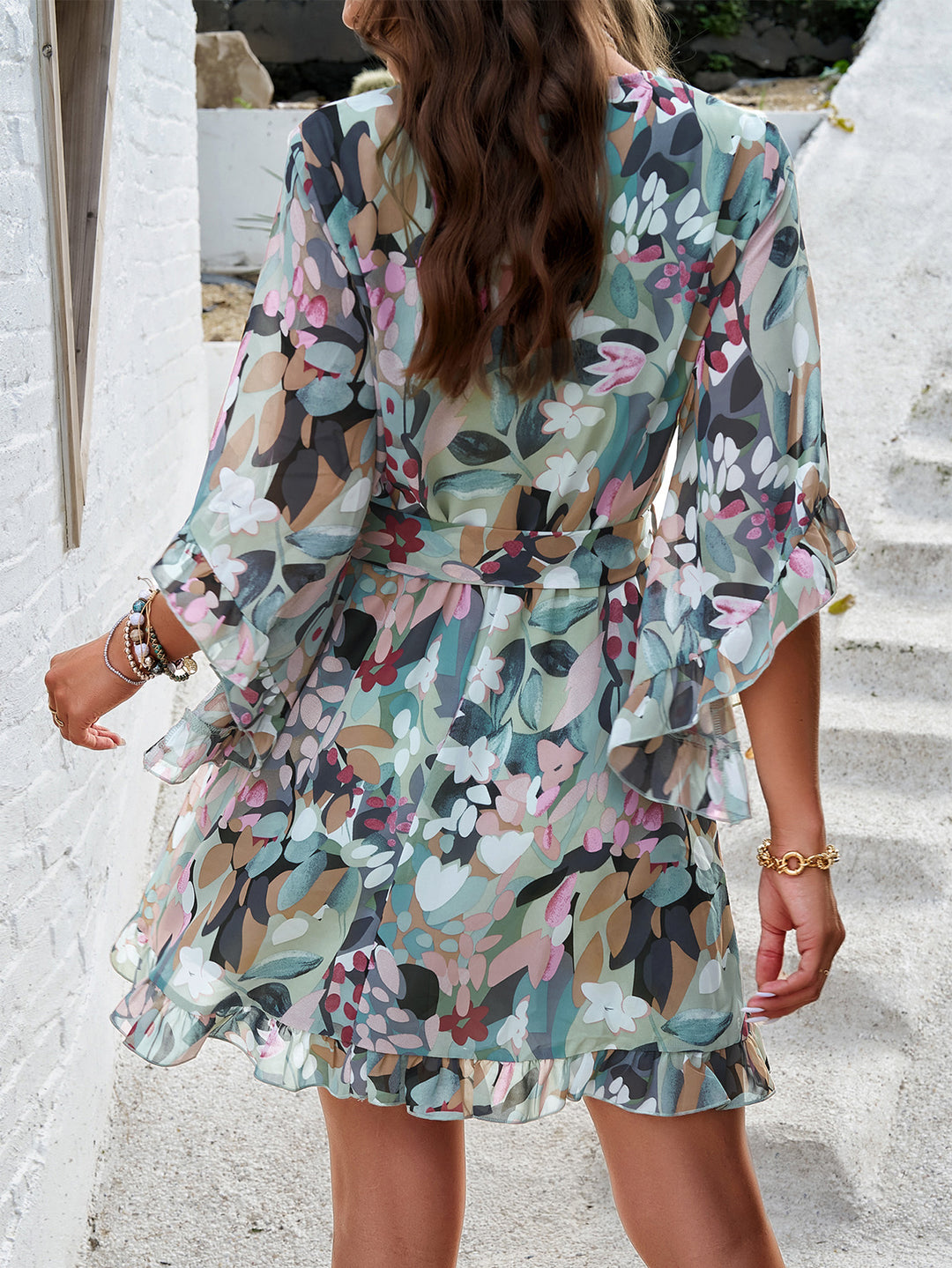 Green V-Neck Bell Sleeves Mini Dress