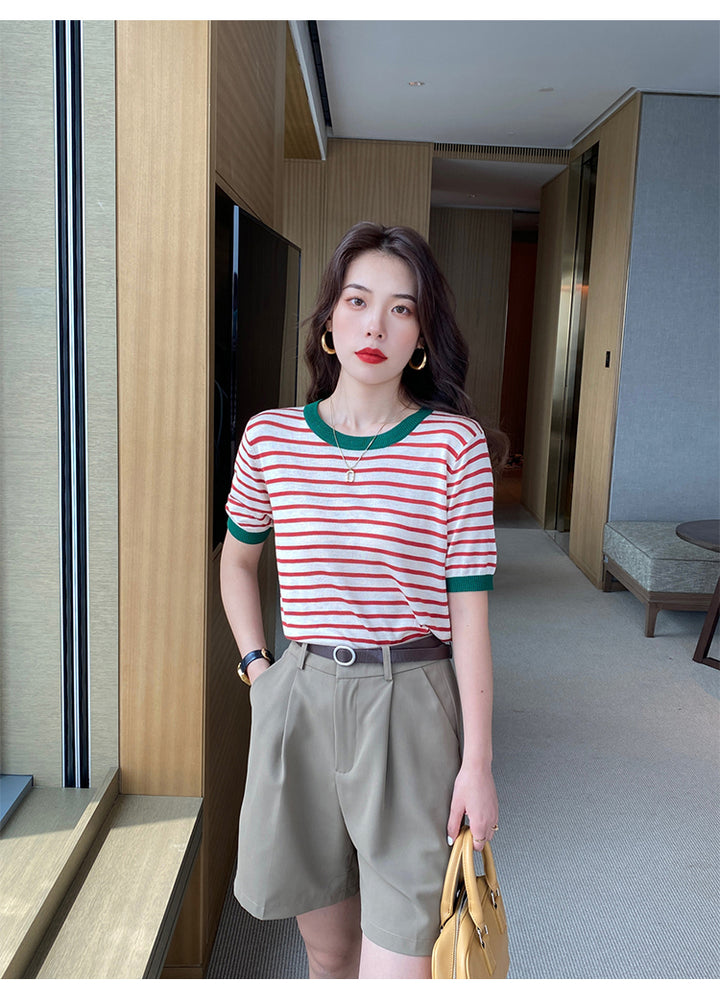 Red Contrast Hem Striped Top